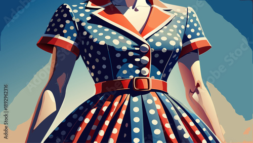 Very beautiful close-up of a classic 1950s American women’s polka dot dress with tailored fabric and retro style, isolated on white background, highlighting iconic mid-century fashion details.