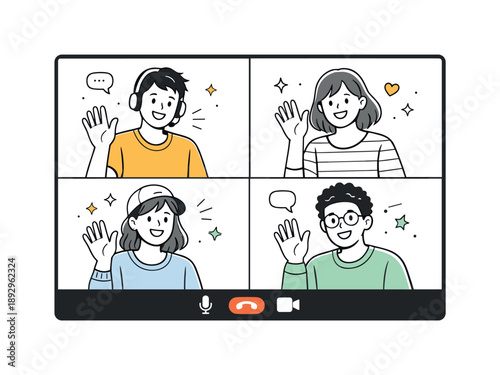 Virtual Friends Reunion. Video call with friends greeting. Friends waving at the screen during an online meeting. Friendly reunion and positive emotions across