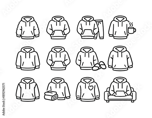 Comfy Hoodie Icons. Comfort clothing hoodie. Line icon set of Comfort clothing hoodie: soft texture hoodie, relaxed clothing, home wear hoodie, lounge apparel,