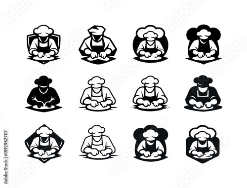 Baker Logo Variations. A baker kneading dough by hand on a flour-covered surface. Icon set. Set Logo of a baker kneading dough by hand on a flour-covered