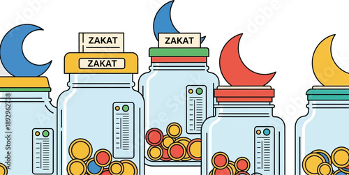 Several glass jars labeled Zakat containing colorful coins and topped with crescent moon lids illustrate Islamic charitable giving and financial contribution.