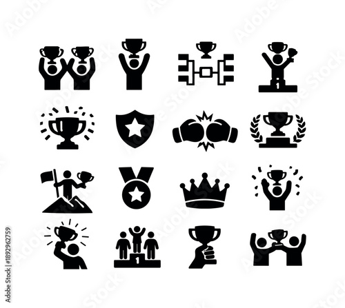 Tournament Victory Icons. Tournament Win. Solid icon set of Tournament Win: tournament champions, competition victory, bracket final win, league tournament