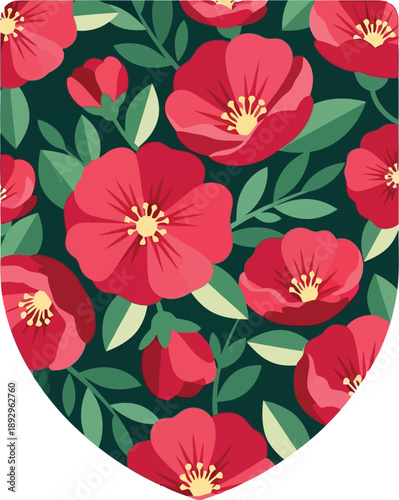 Seamless Red Floral Pattern with Green Leaves on Dark Background