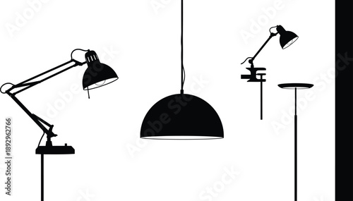 Various black silhouette lighting fixtures including adjustable desk lamps, a pendant light, and floor lamps are arranged against a bright white background.