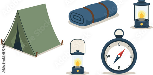 Essential camping gear including a green tent, rolled sleeping mat, two lanterns, and a functional magnetic compass are grouped together.