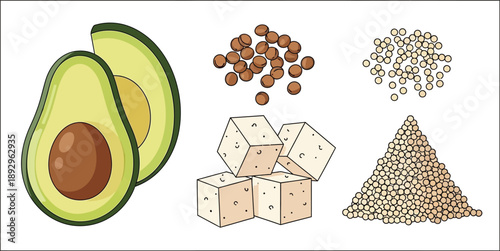 Assortment of whole food ingredients including avocado, tofu, and various grains are displayed for healthy meal preparation.