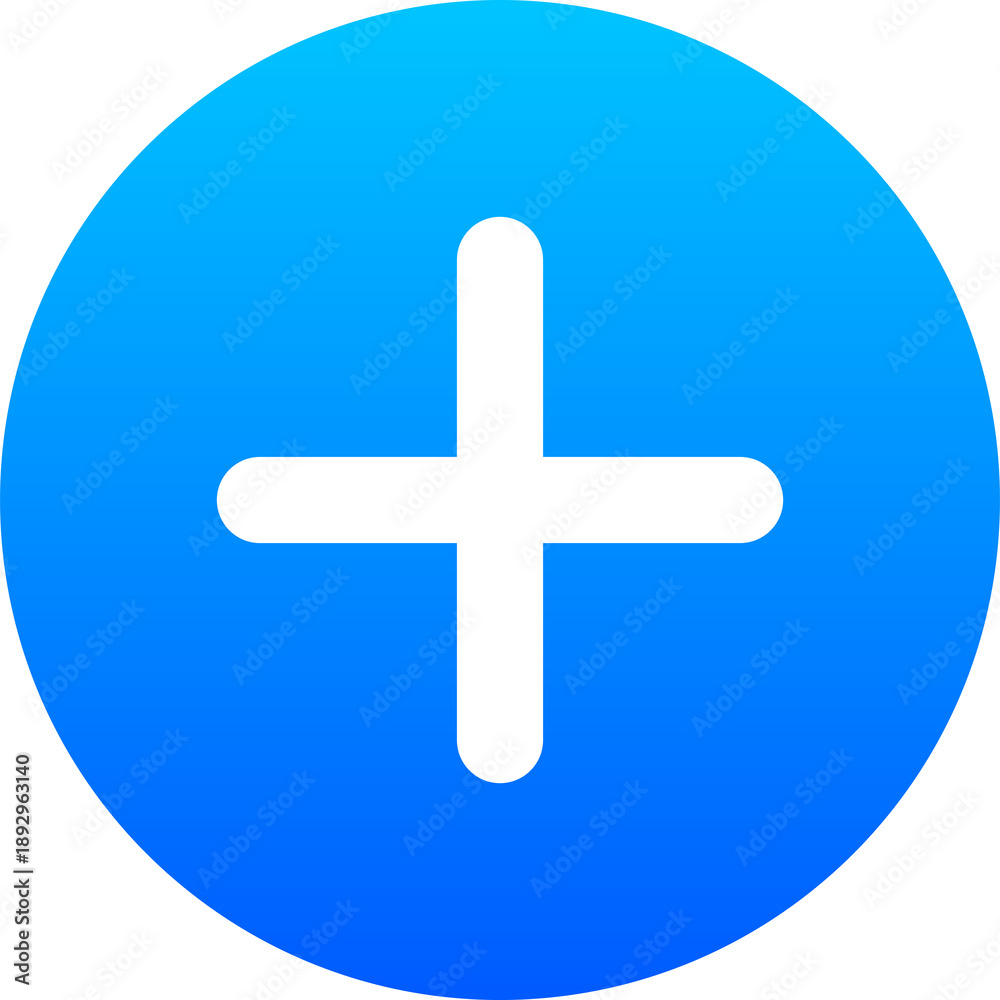 Obraz premium A vibrant blue gradient circle featuring a white plus sign, ideal for user interface design isolated on transparent background