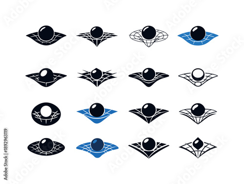 Gravitational Force Icons. Gravitational force. Icon set. Set Logo of Gravitational force: curved space-time grid around mass. harmonious logo variations of