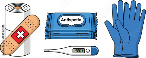 Medical supplies including a roll of gauze, an adhesive bandage, antiseptic wipes, a digital thermometer, and blue disposable gloves are arranged together.