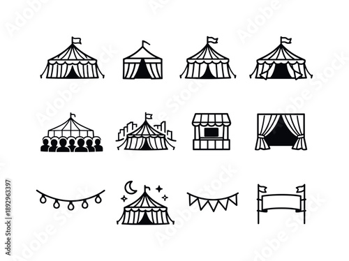 Circus Tent Icons. Big Top Tent. Line icon set of Big Top Tent: striped circus tent, tent entrance, flag on top, side flaps, tent ropes, audience view from