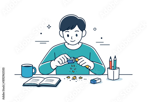 Calm Pencil Sharpening. Sharpening pencils. Person carefully sharpening a pencil at a desk, calm focused preparation before work. Soft motion lines and small