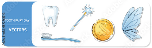 Tooth fairy day icons with magical elements and dental care