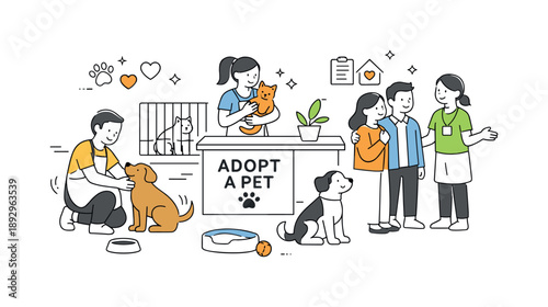 Shelter Volunteer Harmony. Pet adoption volunteering. Shelter volunteers caring for animals and welcoming visitors. Compassion, support, and