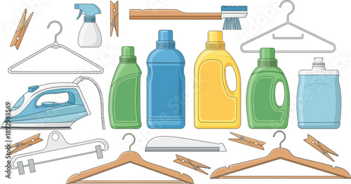Various laundry supplies such as detergent bottles, clothes irons, and wooden hangers are displayed together for cleaning tasks.