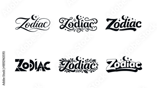 Celestial Typography Variations. Celestial zodiac lettering. Set lettering. harmonious lettering variations of the same emblematic concept, each with different