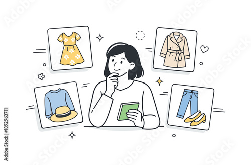 Spring Wardrobe Icons. Spring wardrobe planning icons. A person calmly selecting clothes from floating cards with spring items, thoughtful mood and organized