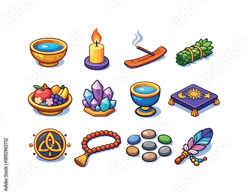 Ritual Icons Collection. Ritual elements. Colorful isometric vector icons set of ritual elements: ritual bowl, candle flame, incense stick, sacred herbs