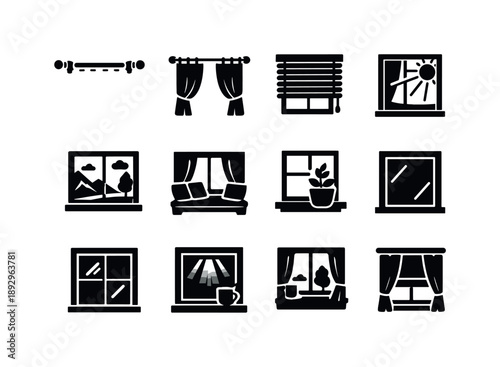 Window Icon Set. Window interior. Solid icon set of Window interior: curtain rod, window drapes, venetian blinds, sunlight through window, view from window,