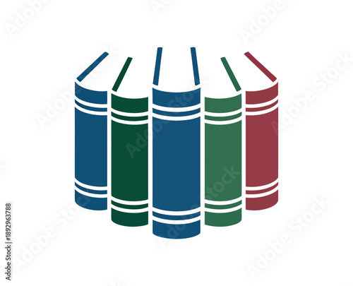 A colorful illustration of five books standing upright in a row on a white background