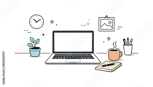 Calm Office Workspace. Office and desk scene illustration. Minimal editorial workspace with clean desk, open laptop, coffee cup and calm surrounding elements,