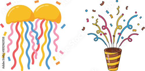 Jellyfish, party, popper, confetti, icon, vector, illustration, sketch, outline, celebration, festive, colorful, graphic, design, layout, minimal, top-down, stylized, vibrant, playful