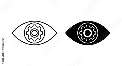Stylized eye with a gear inside, symbolizing vision, insight, observation, mechanics, or system monitoring.