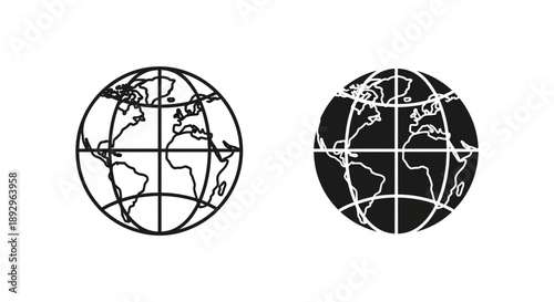 Globe icon showing continents, representing the world, global connections, travel, and international scope.