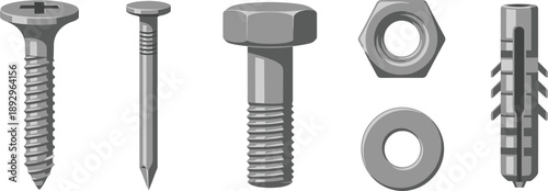 Set of 6 fasteners flat illustration screw nail bolt nut washer and wall anchor
