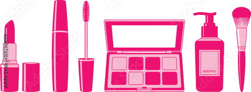 Set of 5 makeup essentials flat vector lipstick mascara eyeshadow palette foundation bottle and brush