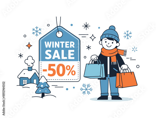 Winter Shopping Delight. Winter sale promotion. A friendly editorial scene with a person holding shopping bags and a large sale tag. Snowflakes and simple