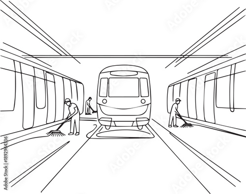 Modern train arriving at a clean station platform with workers maintaining the tracks and surroundings from a centered viewpoint