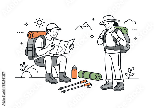 Hiking Trip Preparation. Hiking trip preparation. Hikers checking a map and adjusting gear before starting. Thoughtful planning and shared anticipation.