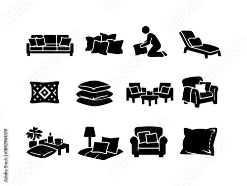 Decorative Pillow Icons. Decorative pillow setup. Solid icon set of decorative pillow setup: patio sofa, throw pillows, person placing cushion, lounge chair,