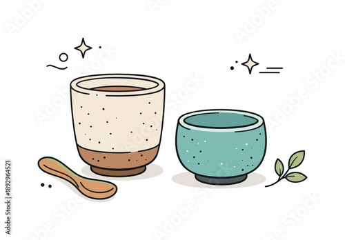 Earthy Stoneware Tea Cups. Handcrafted pottery. A close-up scene of stoneware tea cups with organic shapes and earthy tones, expressing craftsmanship and