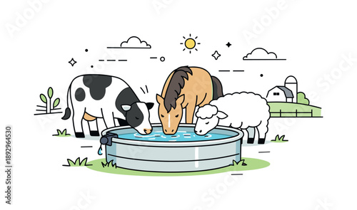 Pastoral Watering Scene. Farm watering trough. Livestock drink from a clean trough in an open field, showing routine care and simple agricultural life. The