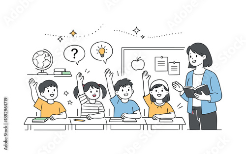 Engaged Classroom Interaction. Elementary classroom activity. Young students raising hands and interacting with the teacher in a bright, friendly classroom.