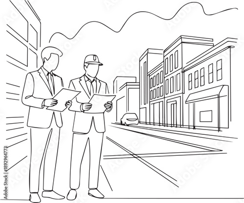 Two professionals examining plans on urban street with modern buildings