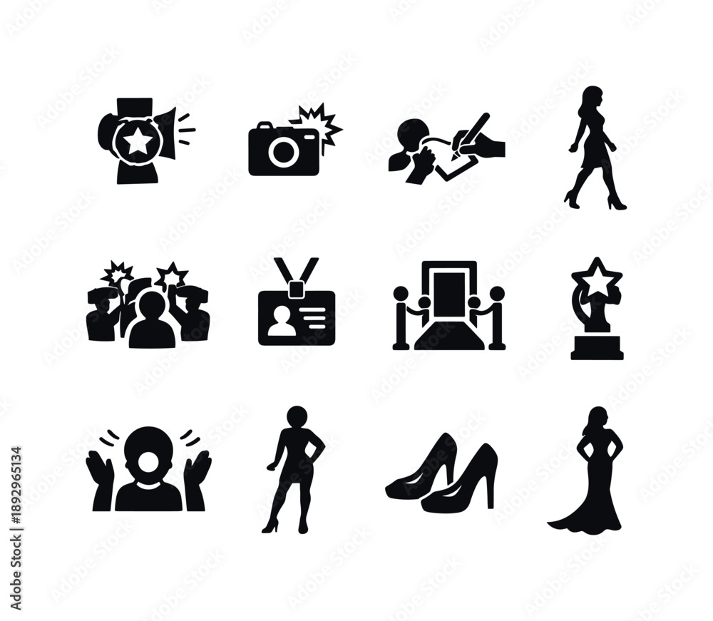 Obraz premium Celebrity Icons Set. Celebrity Moment. Solid icon set of Celebrity Moment: star spotlight, photo click icon, fan autograph, graceful walk, fashion flash, press