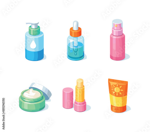 Isometric Beauty Icons. Fresh beauty routine. Isometric flat vector icons set of Fresh beauty routine: gentle cleanser bottle, hydrating serum dropper, face