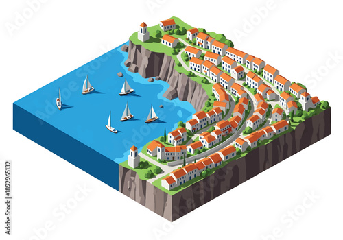Isometric 3D view illustration of a Mediterranean coastal town with cliffs, calm sea, small boats, hillside houses, and scenic shoreline in modern vector style for travel backgrounds