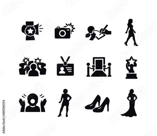 Celebrity Icons Set. Celebrity Moment. Solid icon set of Celebrity Moment: star spotlight, photo click icon, fan autograph, graceful walk, fashion flash, press