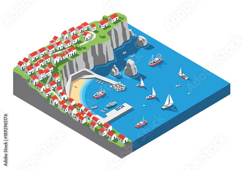 Isometric 3D view illustration of a Mediterranean coastal town with cliffs, calm sea, small boats, hillside houses, and scenic shoreline in modern vector style for travel backgrounds