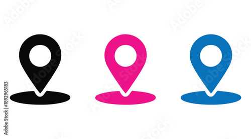 Map location pins icon set. black, pink, blue navigation symbols.