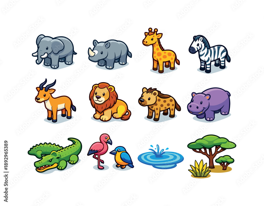 Fototapeta premium Savanna Animal Icons. Wildlife gathering. Colorful isometric vector icons set of wildlife gathering: elephant, rhino, giraffe, zebra, antelope, lion, hyena,