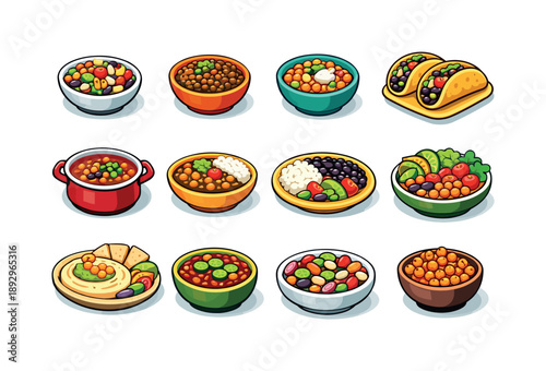 Colorful Bean Meals Icons. Healthy Bean Meals. Colorful isometric vector icons set of Healthy Bean Meals: bean salad, lentil bowl, chickpea bowl, black bean