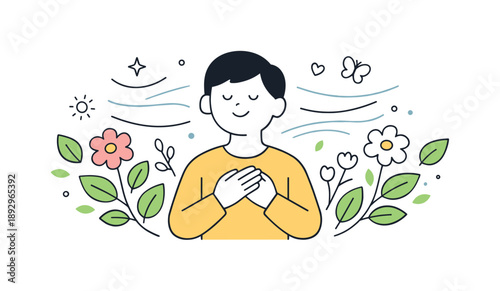 Spring Awakening Scene. Spring awakening. A simple character surrounded by blooming leaves and soft flowers, gentle motion lines suggesting fresh air. A calm