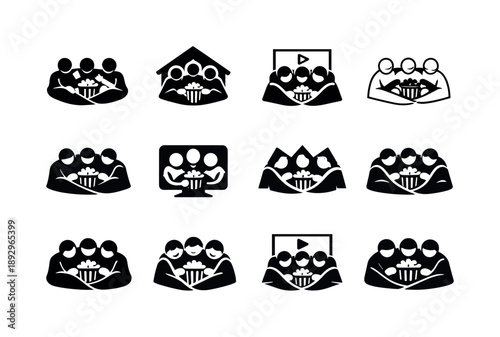 Cozy Movie Night Logos. Friends enjoying a cozy movie night at home with popcorn and blankets. Icon set. Set Logo of Friends enjoying a cozy movie night at