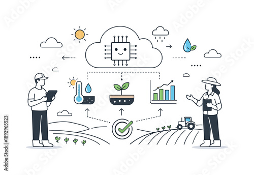 Futuristic Predictive Agriculture. Predictive agriculture. Illustration of AI or cloud-based technology analyzing weather, soil, and crop data for optimized