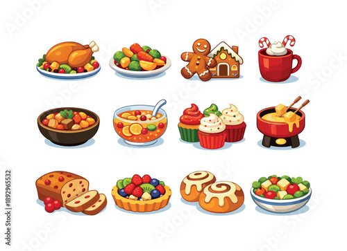 Festive Food Icons. Festive Foods. Colorful flat vector icons set of Festive Foods: stuffed turkey, roasted vegetables, gingerbread cookies, hot cocoa mug,
