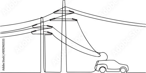 Car drives on highway with multiple power lines overhead